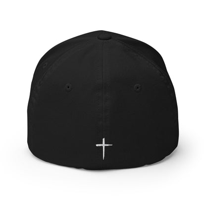 Back View of Black DEKM Cross Bearer Hat featuring a small white cross embroidery centered on the rear panel.