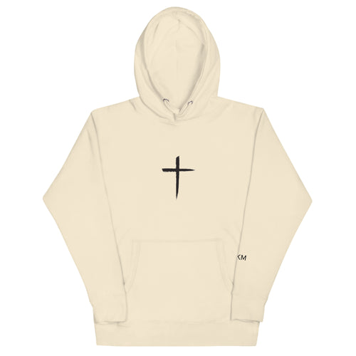 DEKM Black Cross Hoodie in Bone with bold cross design on the front, Christian faith streetwear, Despite Everything Keep Moving collection