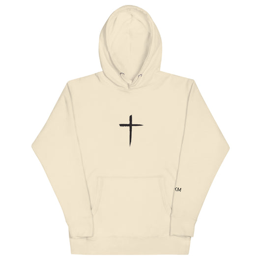 DEKM Black Cross Hoodie in Bone with bold cross design on the front, Christian faith streetwear, Despite Everything Keep Moving collection