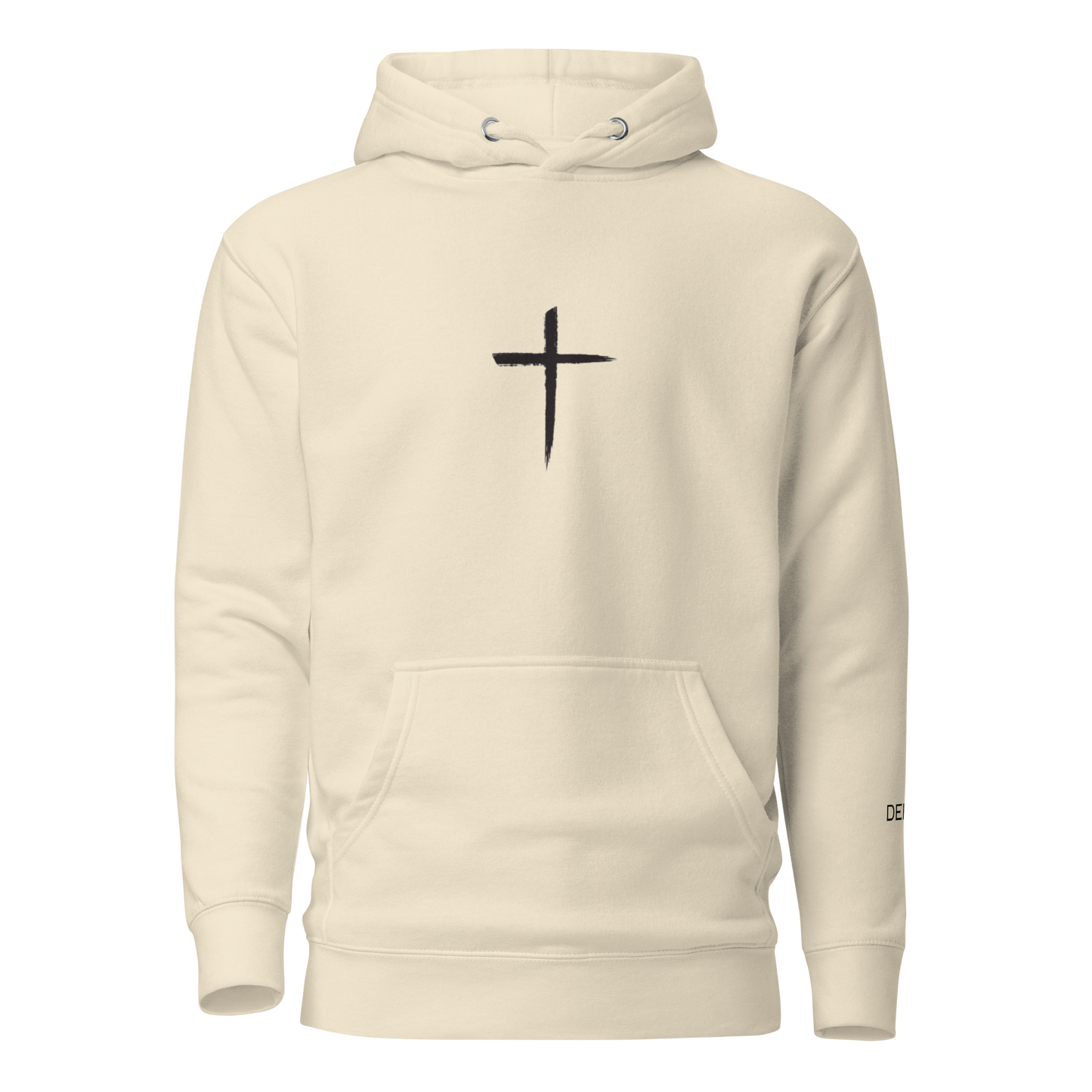 DEKM Black Cross Hoodie in Bone with bold cross design on the front, Christian faith streetwear, Despite Everything Keep Moving collection