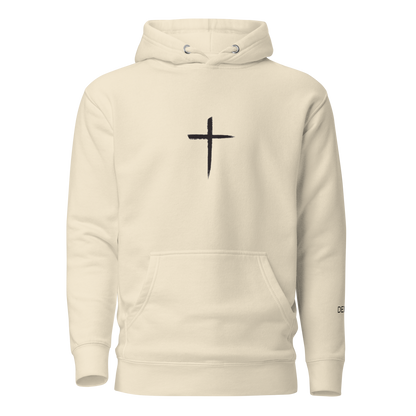 DEKM Black Cross Hoodie in Bone with bold cross design on the front, Christian faith streetwear, Despite Everything Keep Moving collection