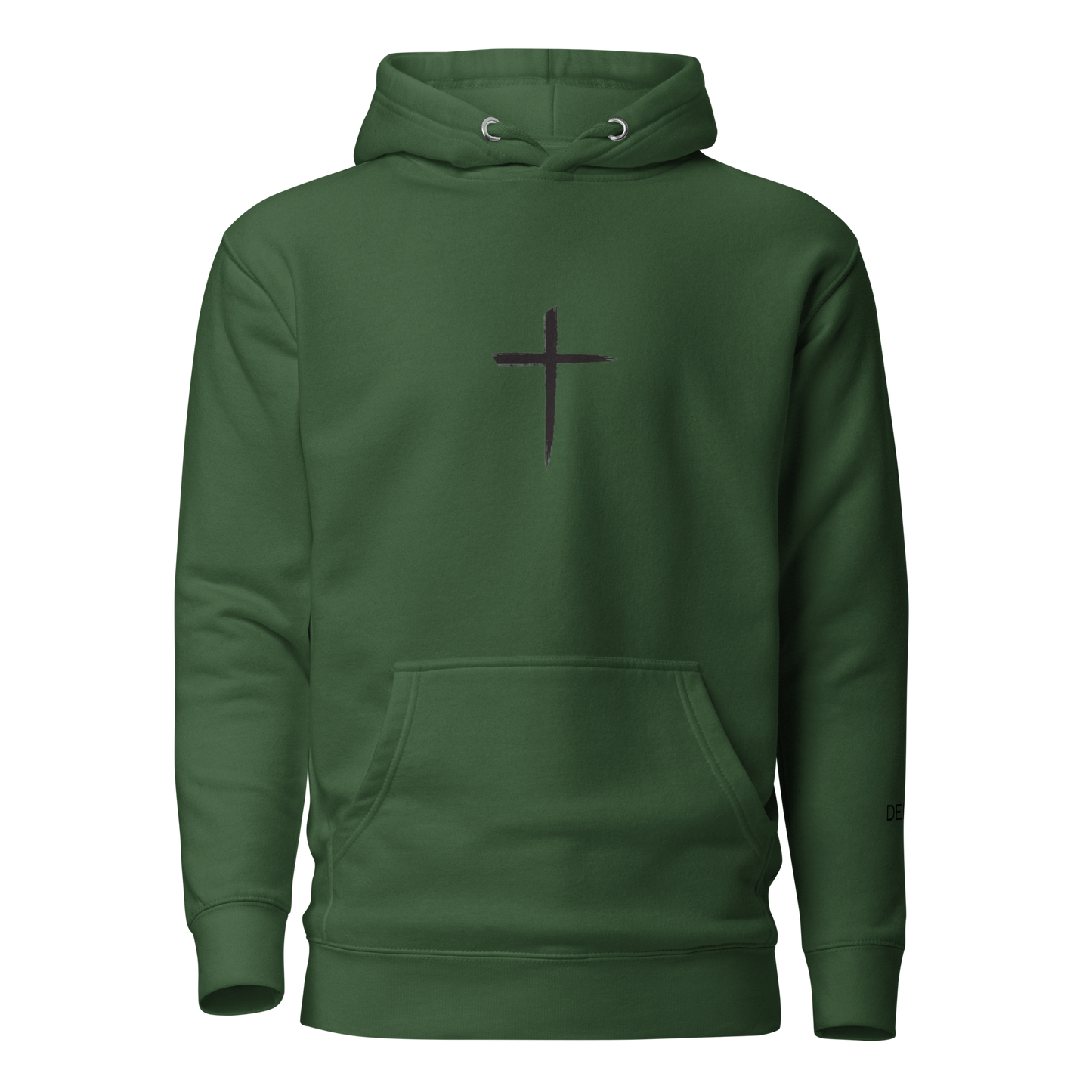 DEKM Black Cross Hoodie in Forest Green with bold cross design on the front, Christian faith streetwear, Despite Everything Keep Moving collection