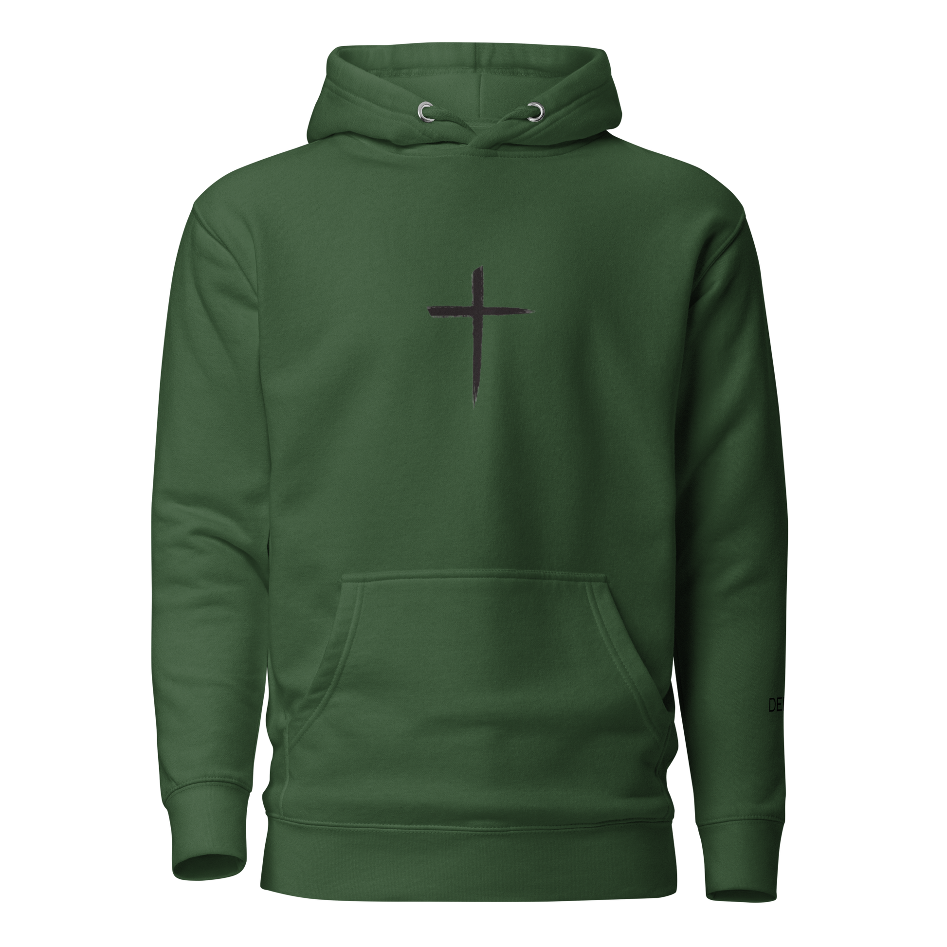 DEKM Black Cross Hoodie in Forest Green with bold cross design on the front, Christian faith streetwear, Despite Everything Keep Moving collection