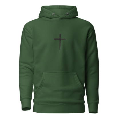 DEKM Black Cross Hoodie in Forest Green with bold cross design on the front, Christian faith streetwear, Despite Everything Keep Moving collection