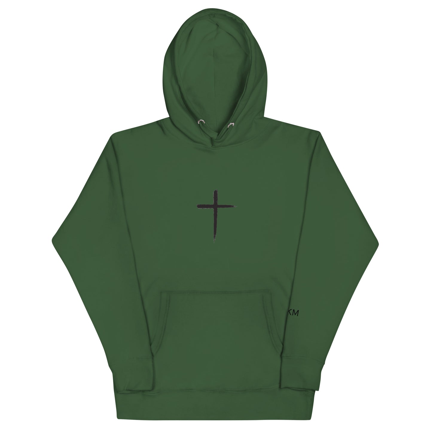 DEKM Black Cross Hoodie in Forest Green with bold cross design on the front, Christian faith streetwear, Despite Everything Keep Moving collection