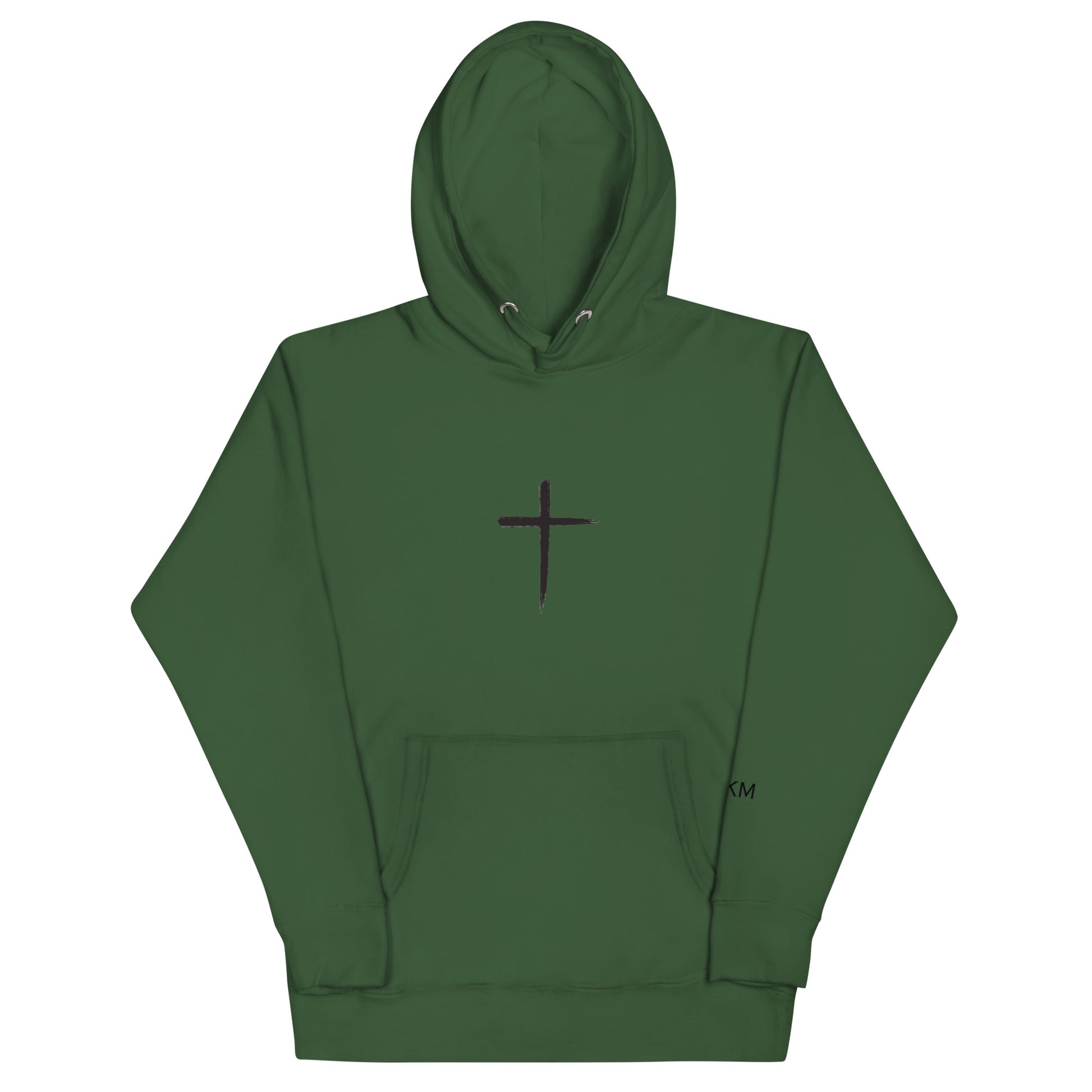DEKM Black Cross Hoodie in Forest Green with bold cross design on the front, Christian faith streetwear, Despite Everything Keep Moving collection