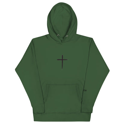 DEKM Black Cross Hoodie in Forest Green with bold cross design on the front, Christian faith streetwear, Despite Everything Keep Moving collection