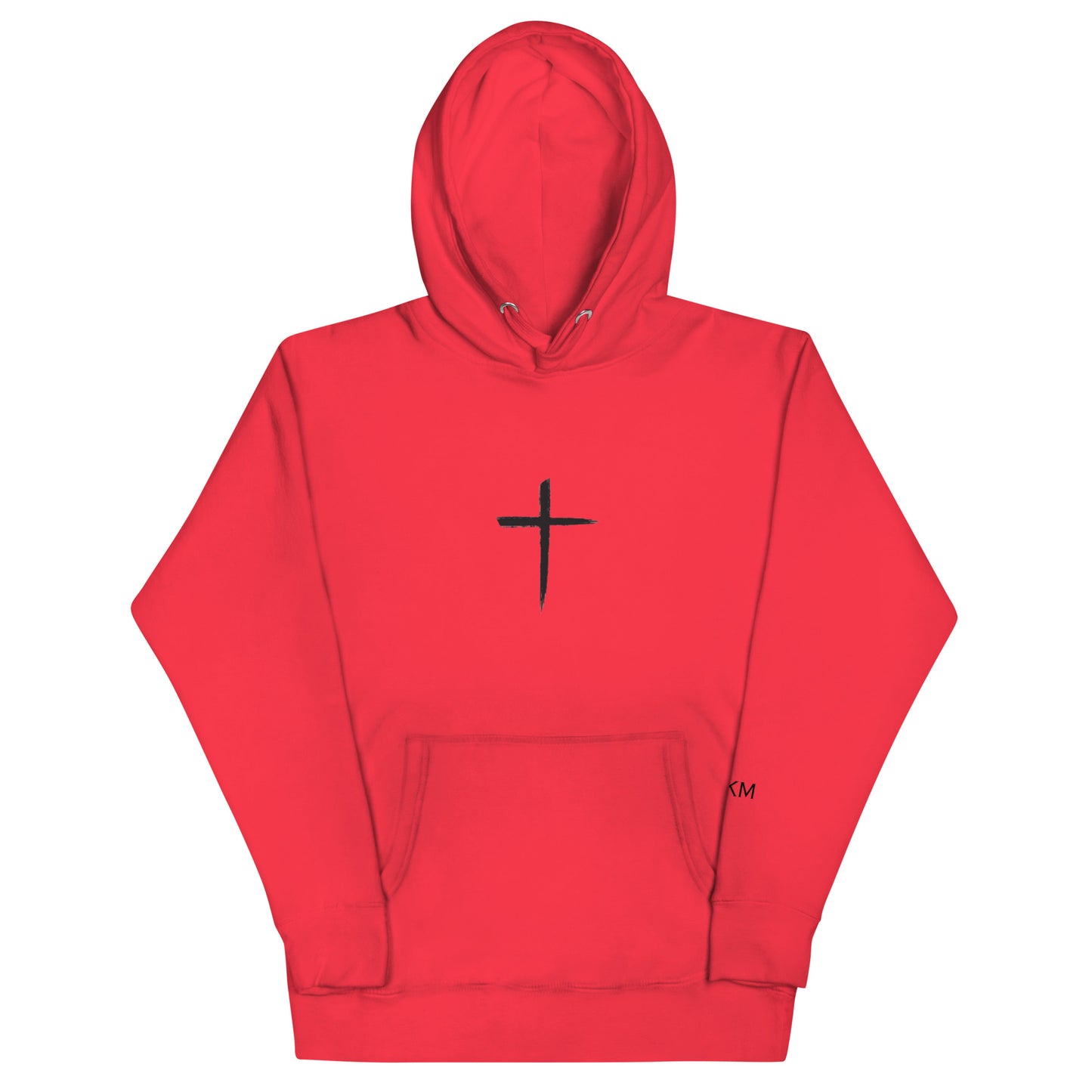 DEKM Black Cross Hoodie in Red Alert with bold cross design on the front, Christian faith streetwear, Despite Everything Keep Moving collection