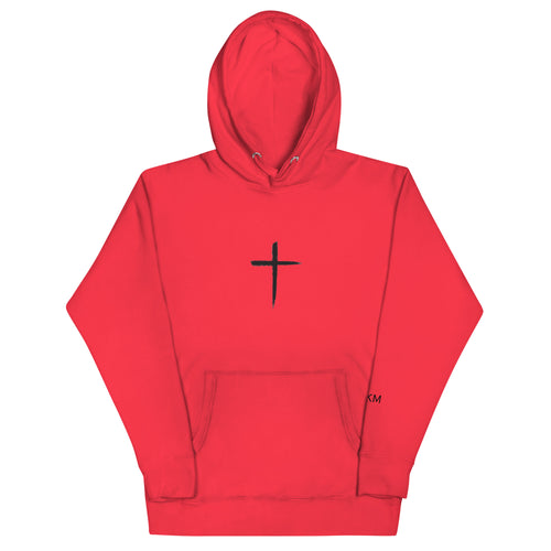 DEKM Black Cross Hoodie in Red Alert with bold cross design on the front, Christian faith streetwear, Despite Everything Keep Moving collection