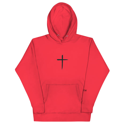 DEKM Black Cross Hoodie in Red Alert with bold cross design on the front, Christian faith streetwear, Despite Everything Keep Moving collection