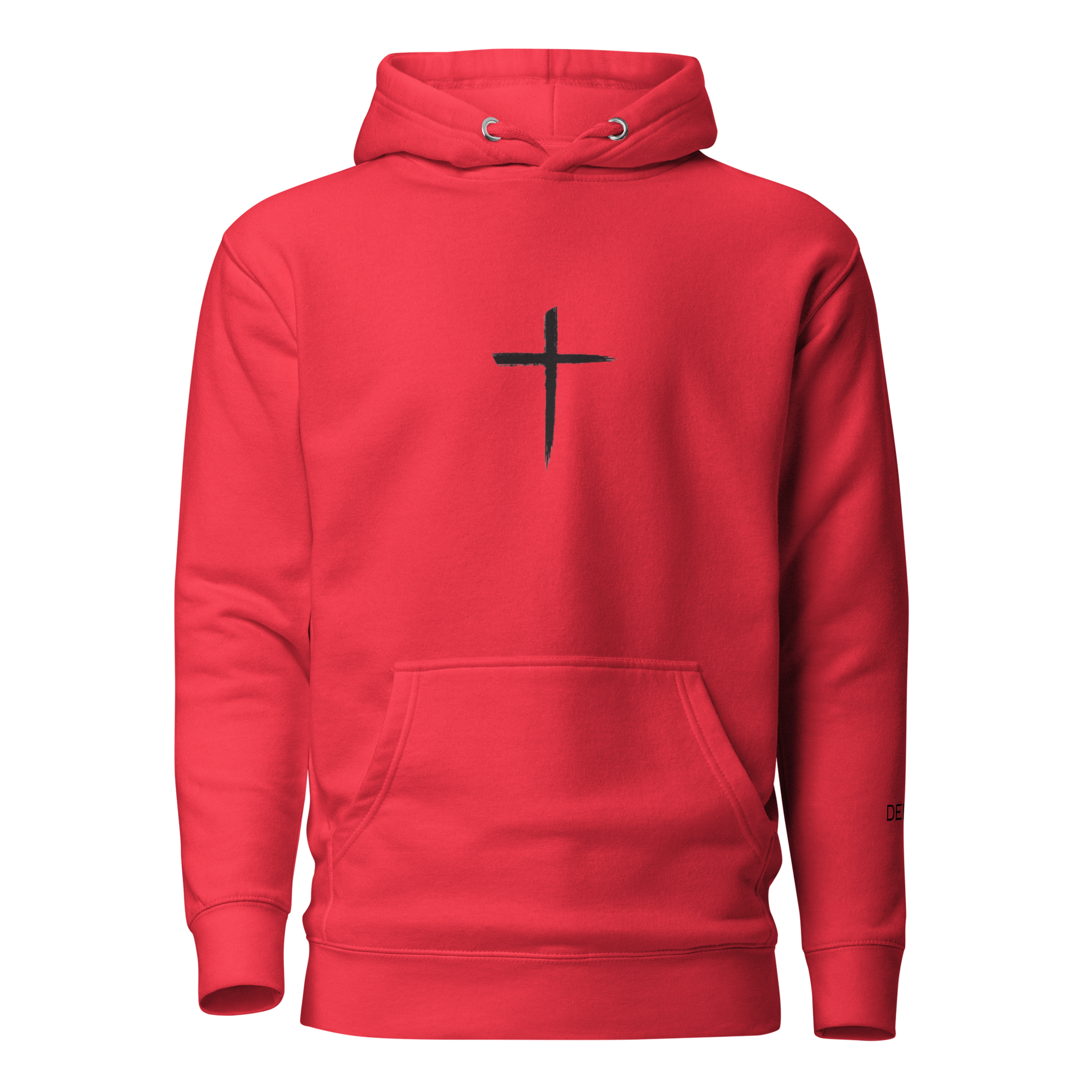 DEKM Black Cross Hoodie in Red Alert with bold cross design on the front, Christian faith streetwear, Despite Everything Keep Moving collection