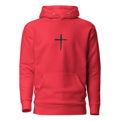 DEKM Black Cross Hoodie in Red Alert with bold cross design on the front, Christian faith streetwear, Despite Everything Keep Moving collection