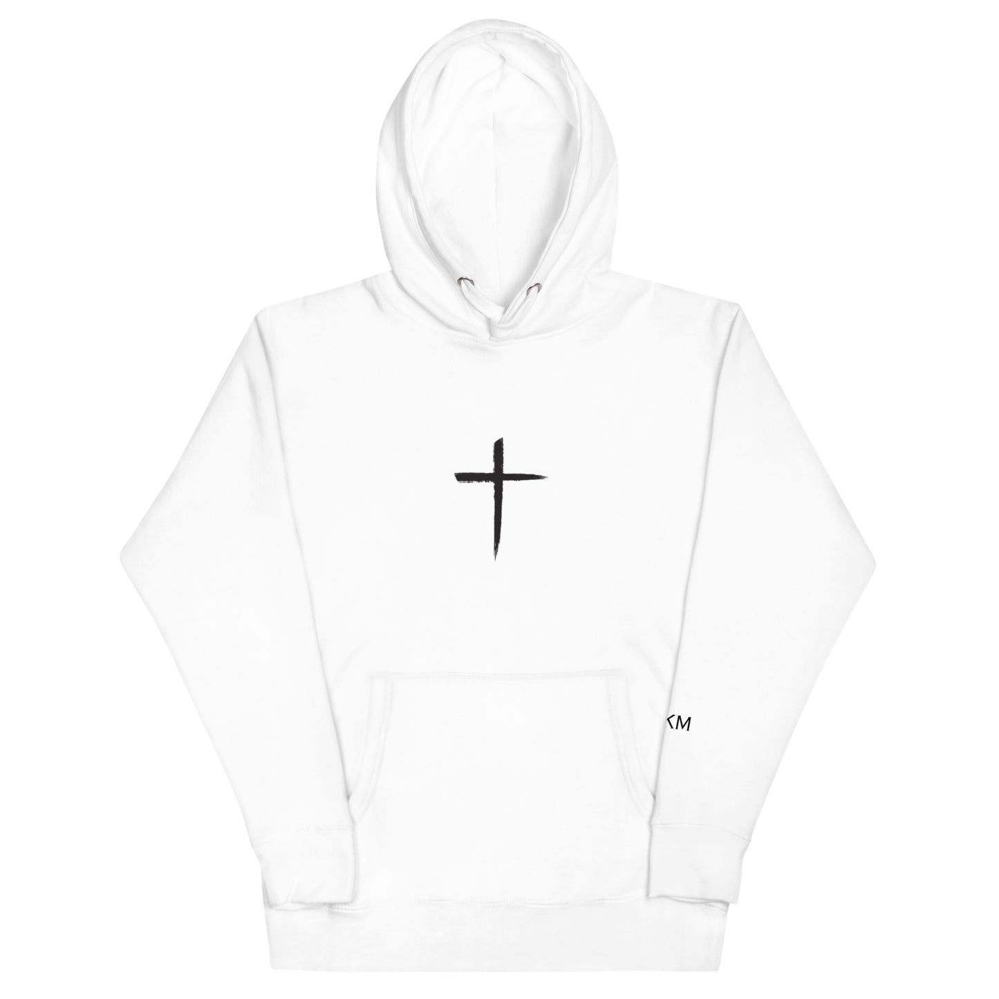DEKM Black Cross Hoodie in White Out with bold cross design on the front, Christian faith streetwear, Despite Everything Keep Moving collection