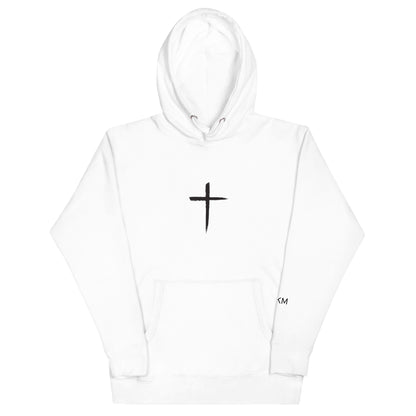 DEKM Black Cross Hoodie in White Out with bold cross design on the front, Christian faith streetwear, Despite Everything Keep Moving collection