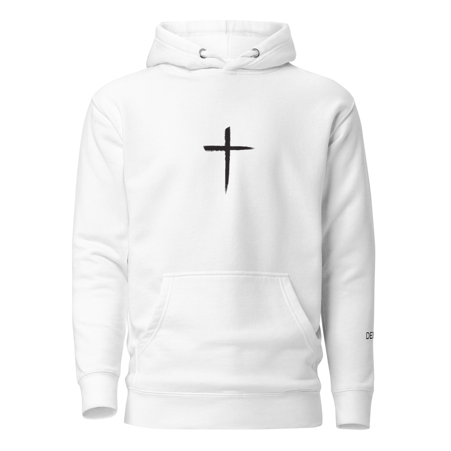 DEKM Black Cross Hoodie in White Out with bold cross design on the front, Christian faith streetwear, Despite Everything Keep Moving collection
