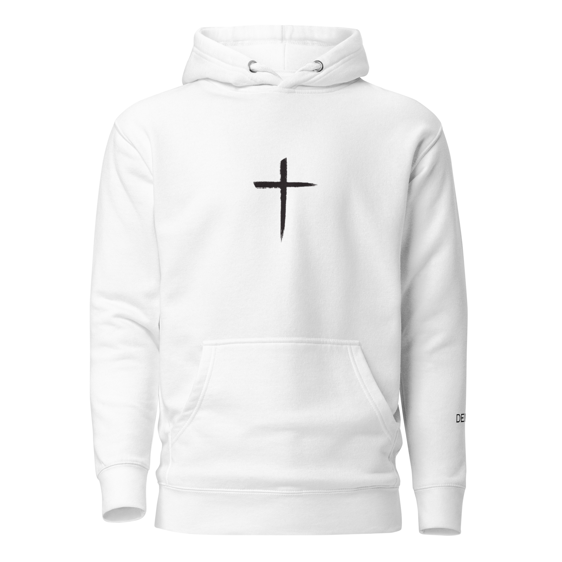 DEKM Black Cross Hoodie in White Out with bold cross design on the front, Christian faith streetwear, Despite Everything Keep Moving collection