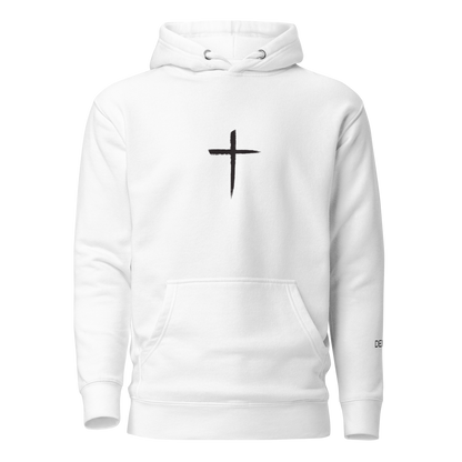 DEKM Black Cross Hoodie in White Out with bold cross design on the front, Christian faith streetwear, Despite Everything Keep Moving collection