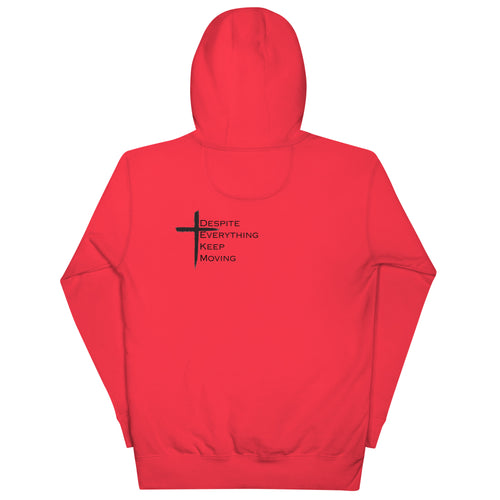 Back view of Alert Red DEKM Block Buttersoft Hoodie featuring a black cross design with the text "Despite Everything Keep Moving" printed below it.