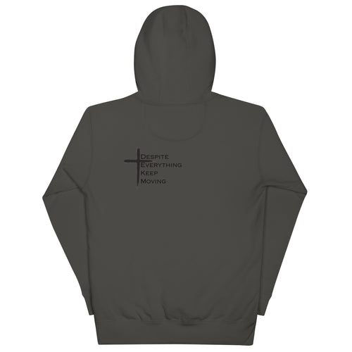 Back view of Vintage Black DEKM Block Buttersoft Hoodie featuring a black cross design with the text "Despite Everything Keep Moving" printed below it.