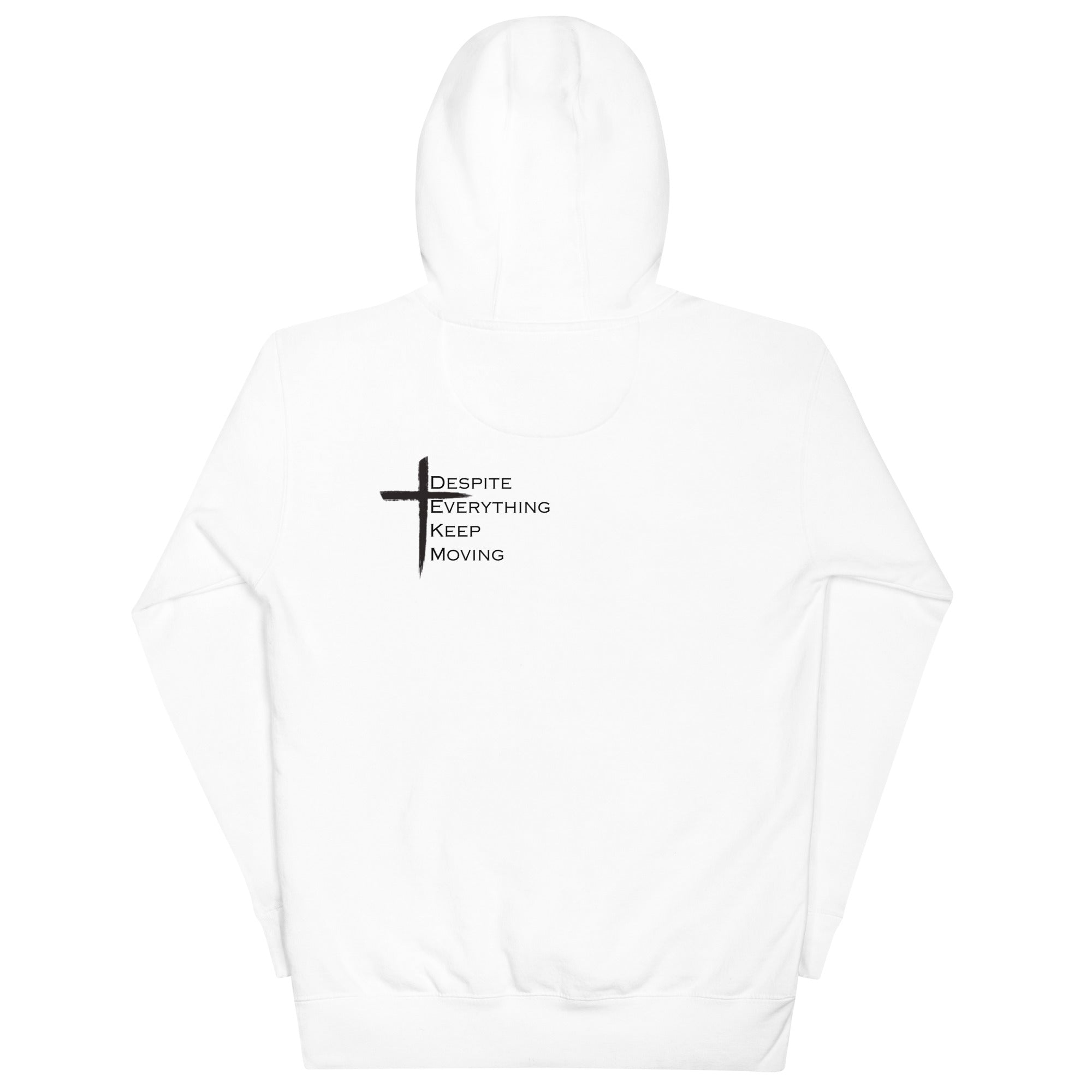 Back view of white DEKM Block Buttersoft Hoodie featuring a black cross design with the text "Despite Everything Keep Moving" printed below it.