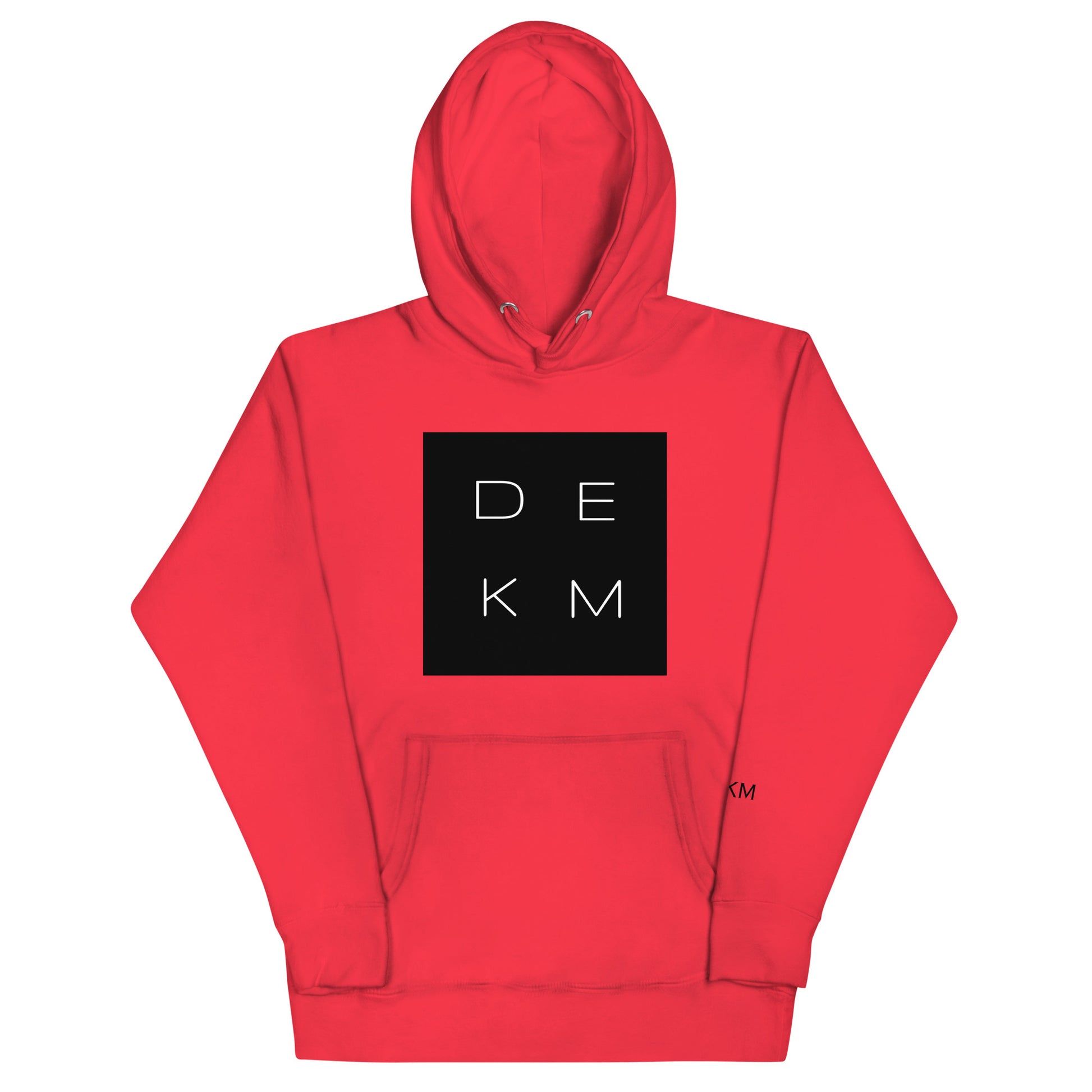 Alert Red DEKM Block Buttersoft Hoodie with black square logo featuring "DEKM" in bold white letter on the chest.
