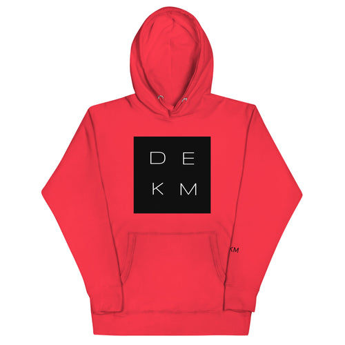 Alert Red DEKM Block Buttersoft Hoodie with black square logo featuring "DEKM" in bold white letter on the chest.