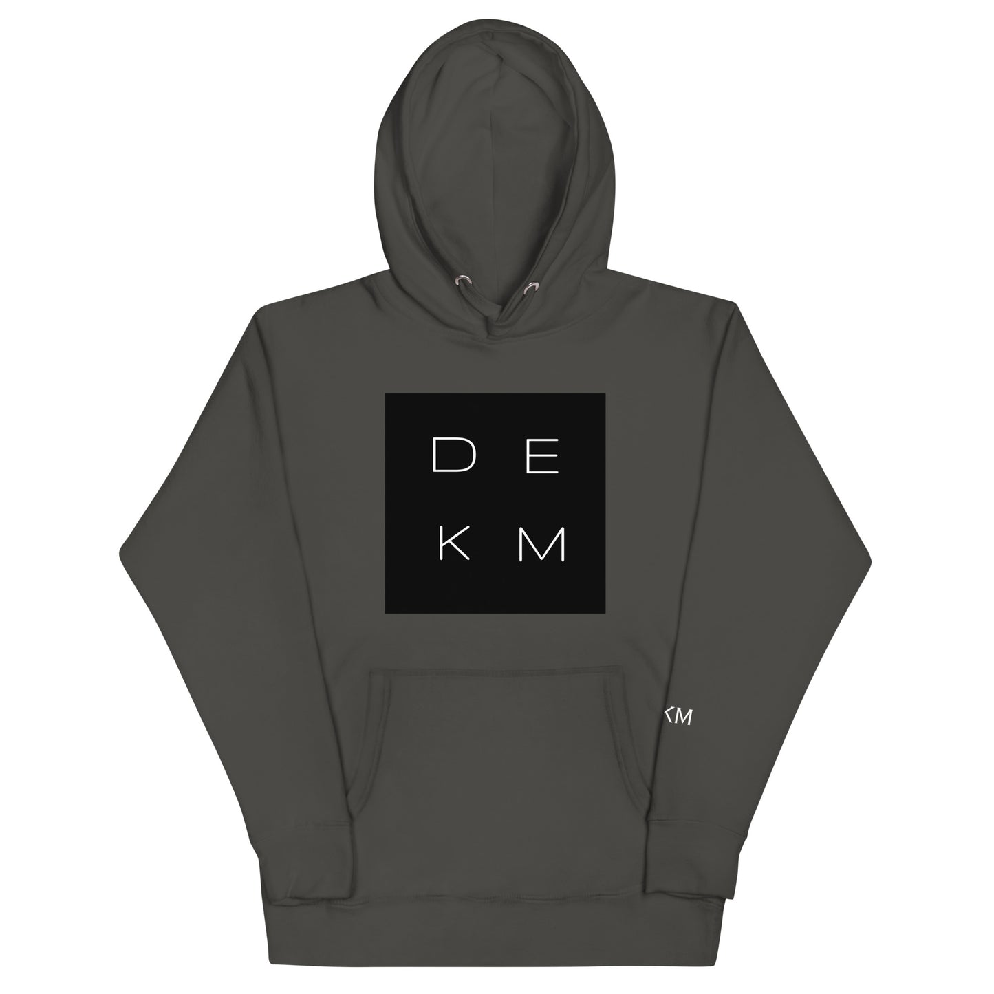 Vintage Black DEKM Block Buttersoft Hoodie with black square logo featuring "DEKM" in bold white letters on the chest.