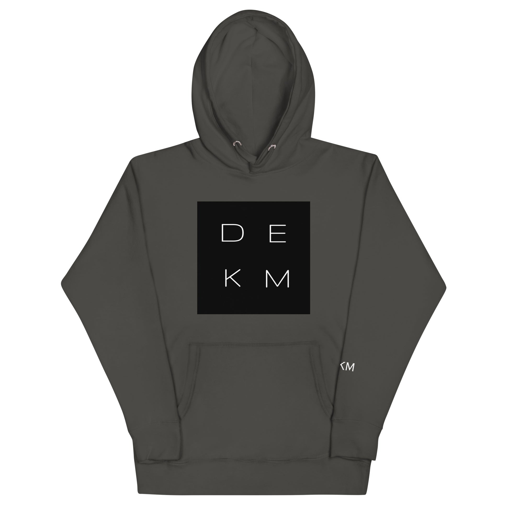 Vintage Black DEKM Block Buttersoft Hoodie with black square logo featuring "DEKM" in bold white letters on the chest.