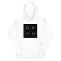 White DEKM Block Buttersoft Hoodie with black square logo featuring "DEKM" in bold white letters on the chest