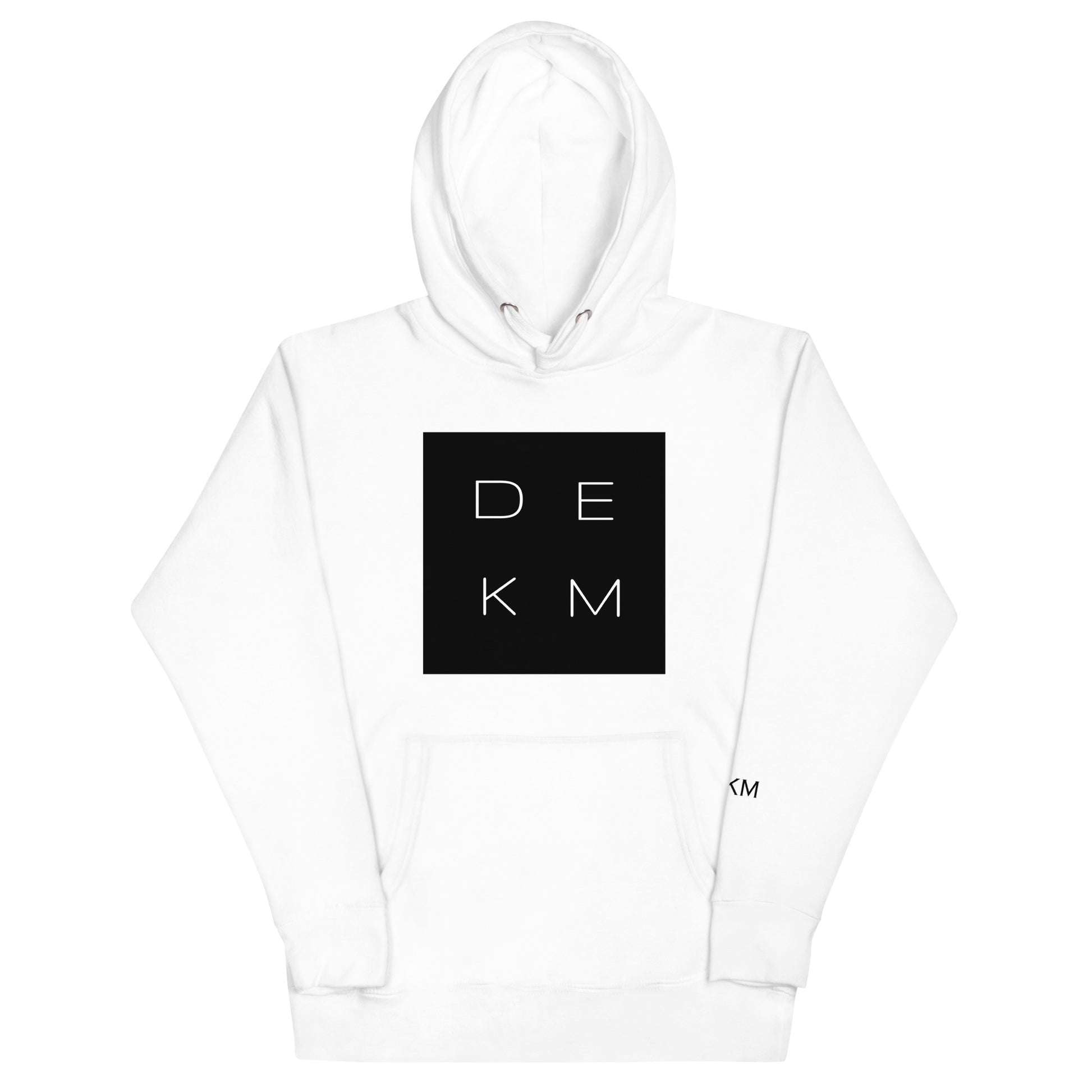 White DEKM Block Buttersoft Hoodie with black square logo featuring "DEKM" in bold white letters on the chest