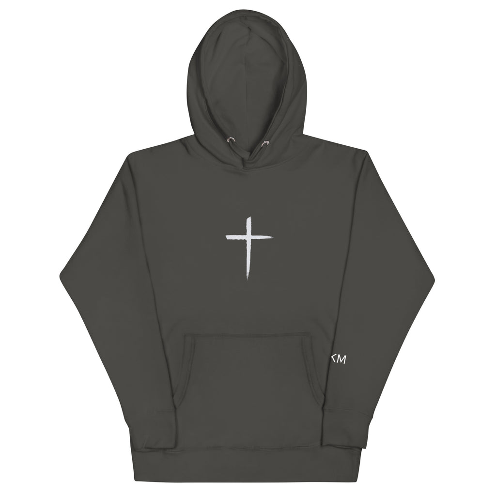 DEKM White Cross Hoodie with bold cross design on the back, Christian faith streetwear, Despite Everything Keep Moving collection