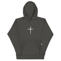 DEKM White Cross Hoodie with bold cross design on the back, Christian faith streetwear, Despite Everything Keep Moving collection