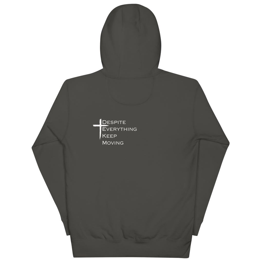 Back view of DEKM White Cross Hoodie featuring large iconic cross graphic, motivational Christian apparel by DEKM