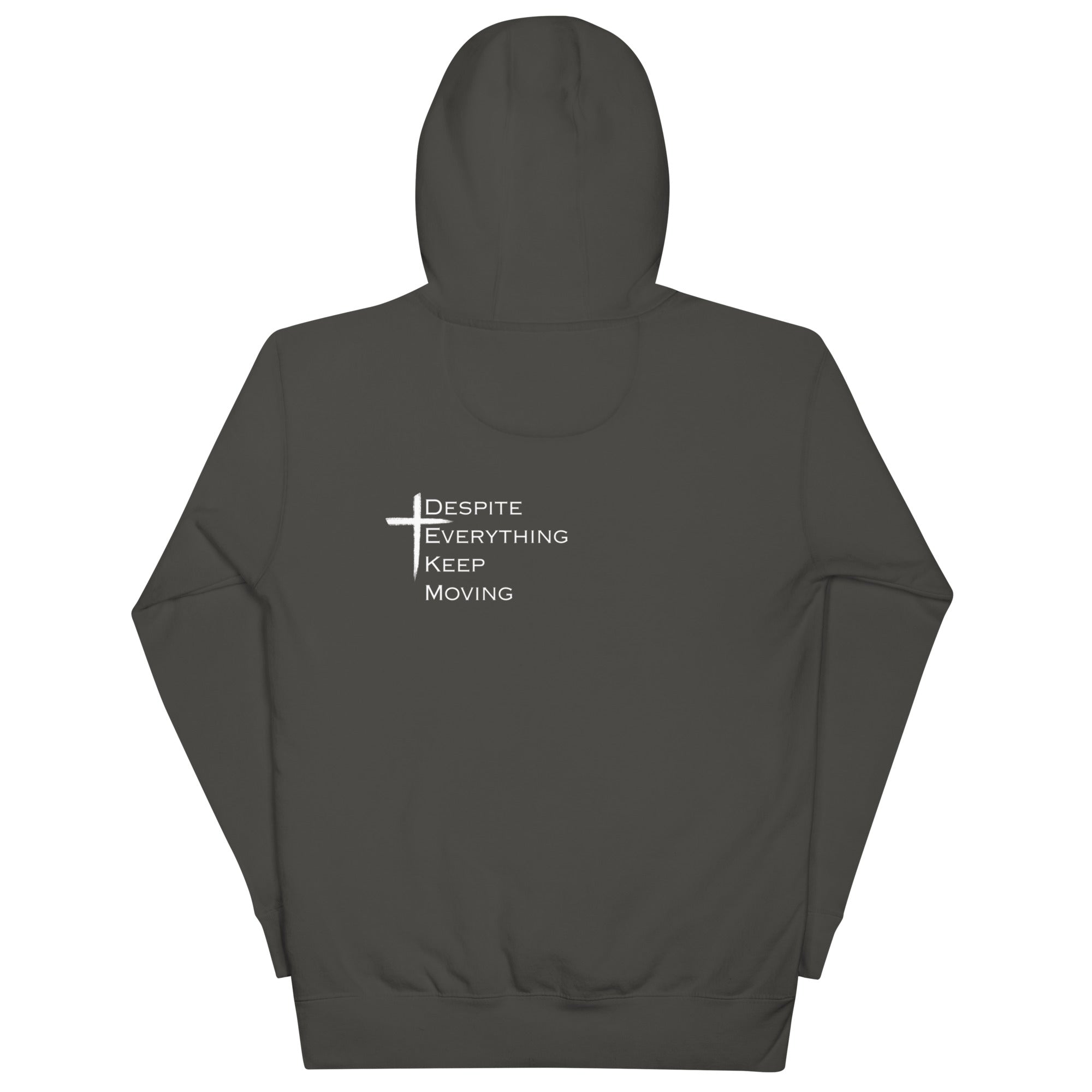 Back view of DEKM White Cross Hoodie featuring large iconic cross graphic, motivational Christian apparel by DEKM