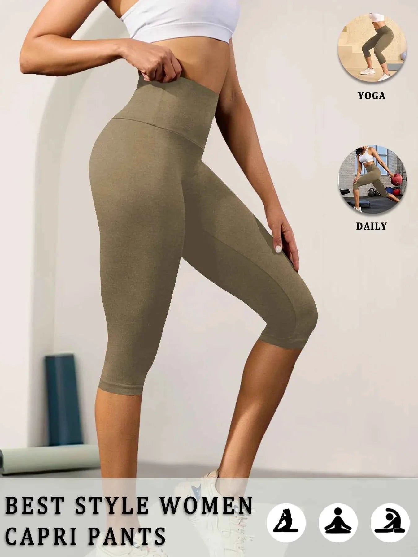 DEKM High Waisted Capri Yoga Pants - Tummy Control