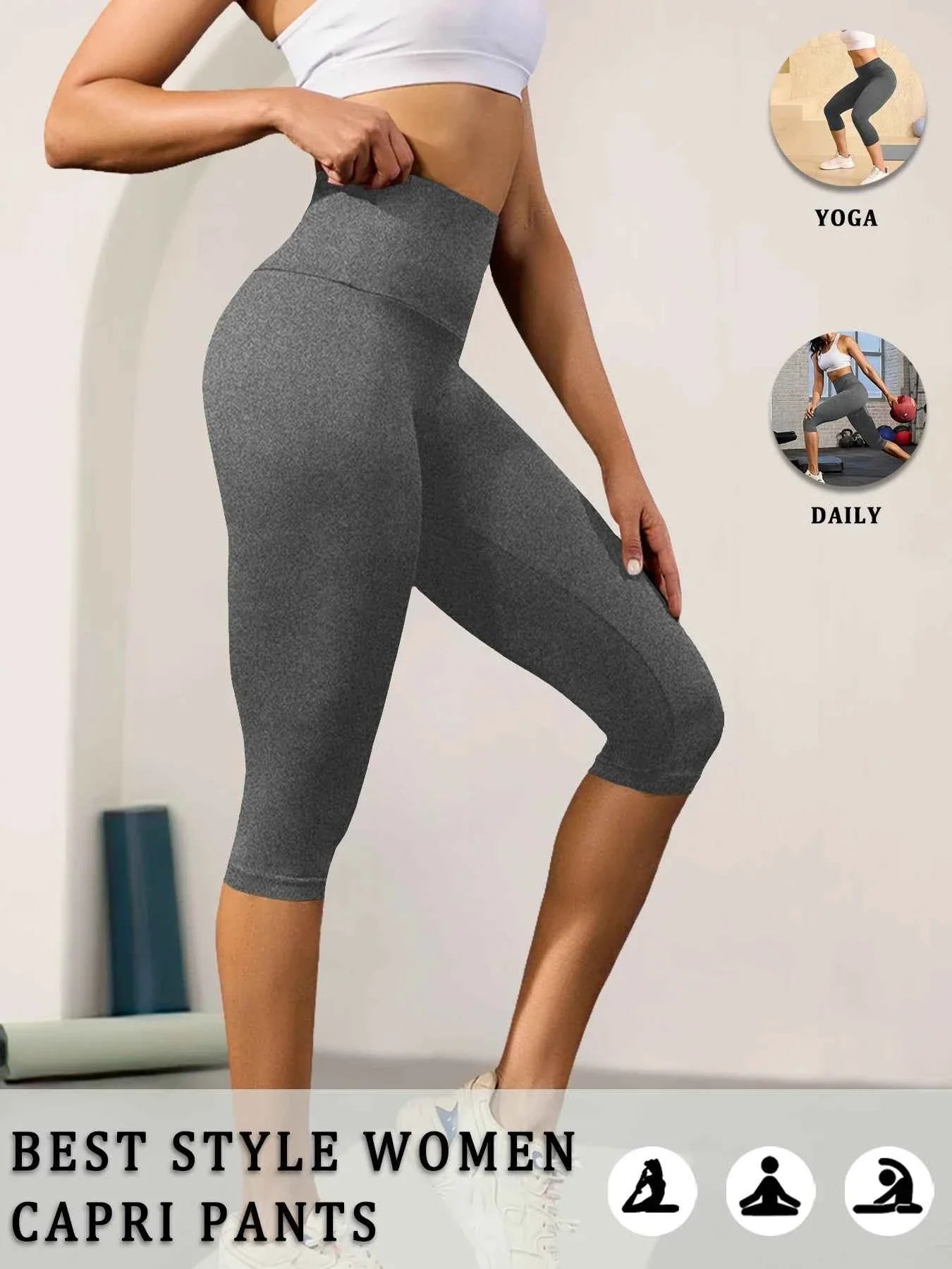 DEKM High Waisted Capri Yoga Pants - Tummy Control