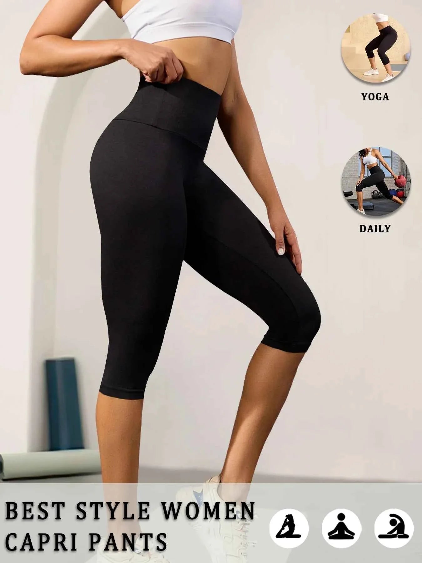 DEKM High Waisted Capri Yoga Pants - Tummy Control