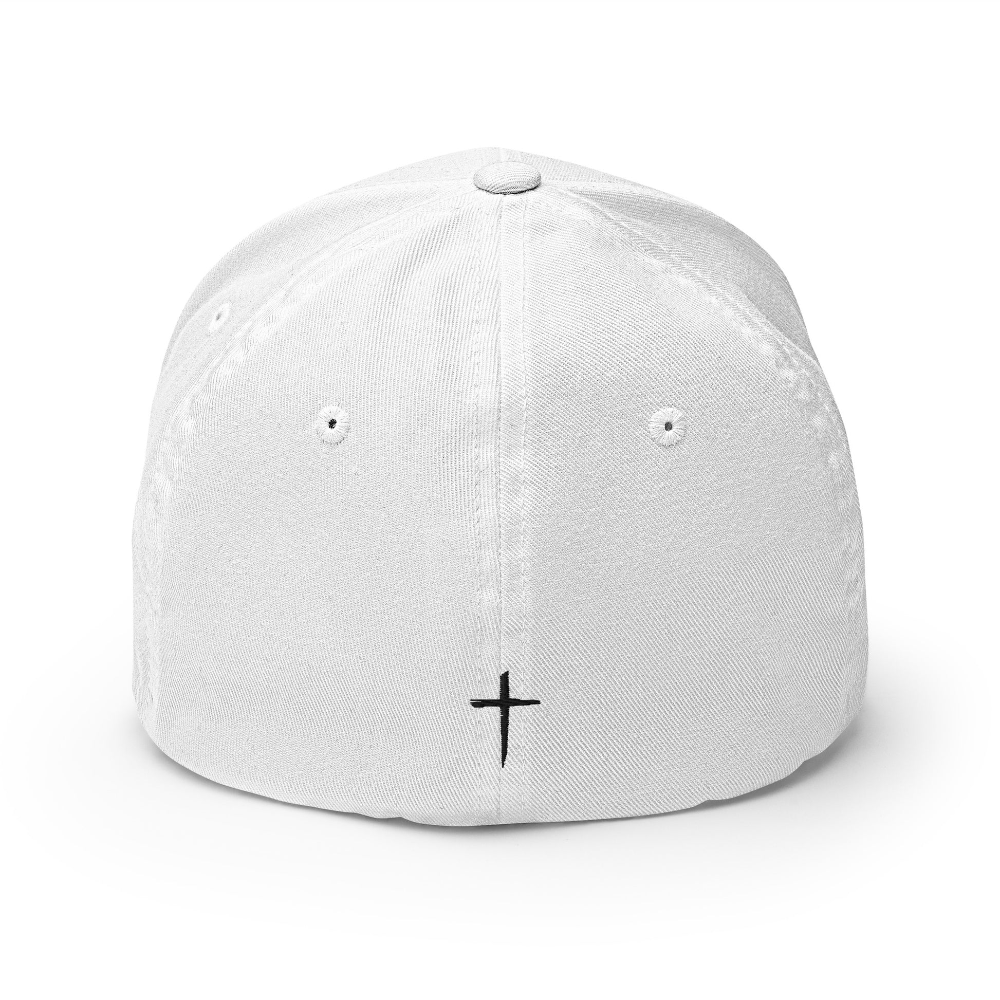 Back View of White DEKM Cross Bearer Hat featuring a small black cross embroidery centered on the rear panel.
