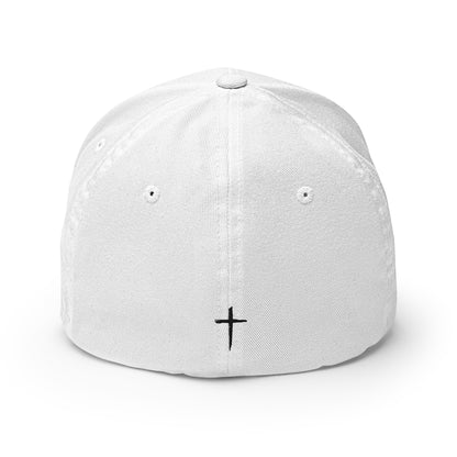 Back View of White DEKM Cross Bearer Hat featuring a small black cross embroidery centered on the rear panel.