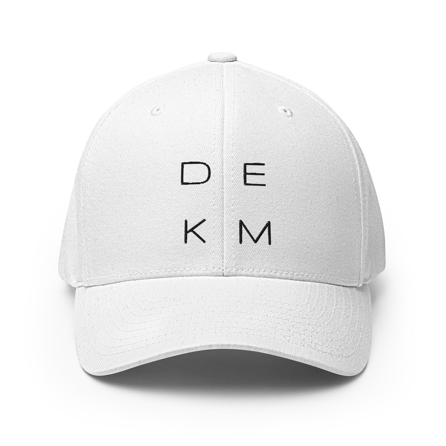 White DEKM Cross Bearer Hat with embroidered DEKM logo on front panel, structured 6-panel design with curved visor.
